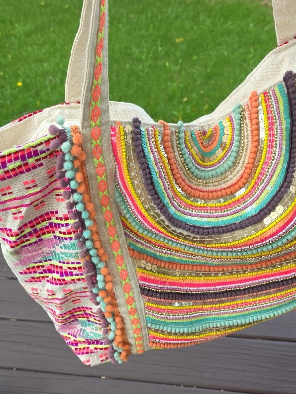 Bohemian Multicolor Embroidered Throw Bag with Pom Trim